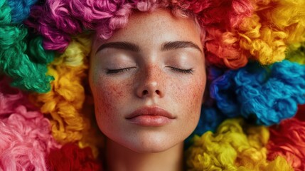 A serene portrait of a woman surrounded by vibrant, colorful, fluffy textures, exuding a sense of peace and harmony with closed eyes and relaxed expression.