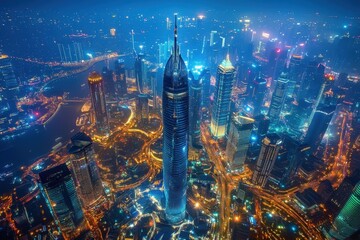 Dazzling cityscape of modern skyscrapers at night