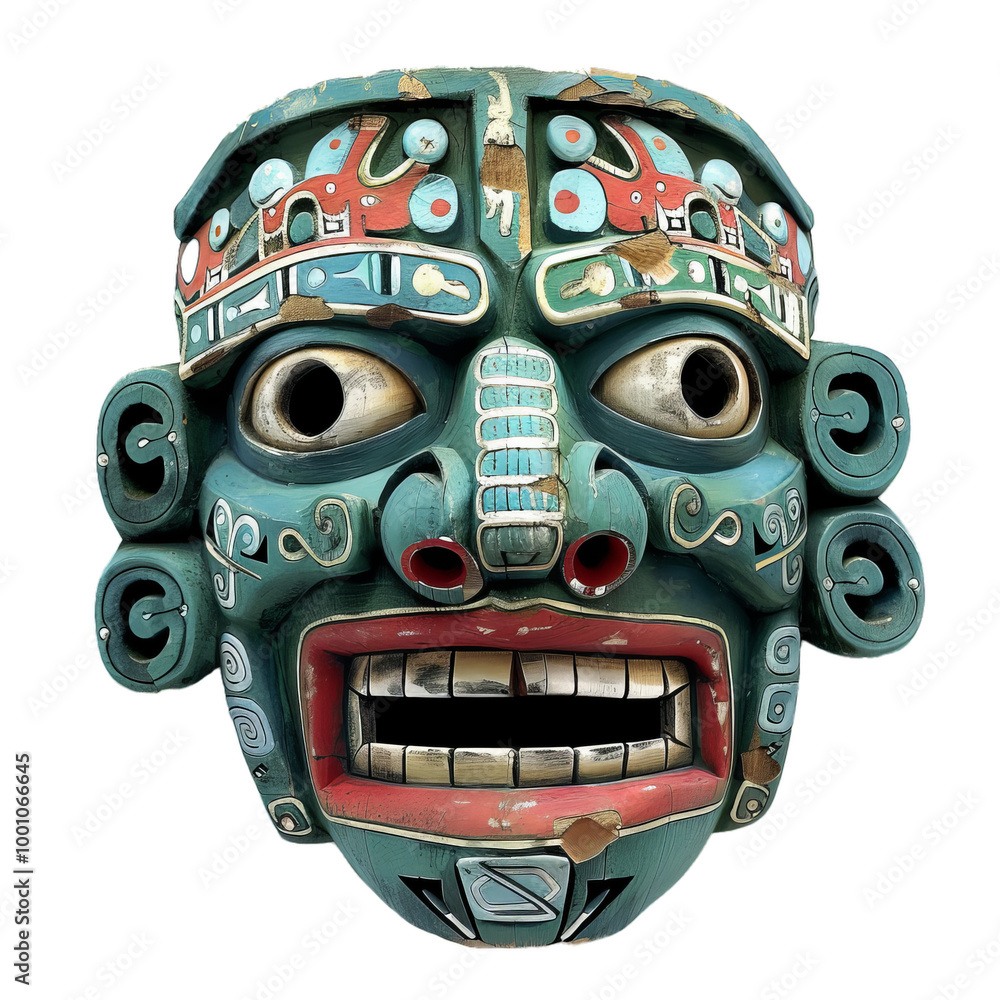 Ancient mayan mask showing colorful details isolated on white ...