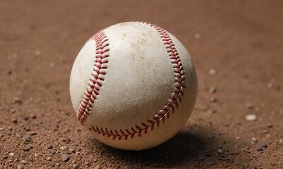 A worn baseball sits on the infield dirt after a game