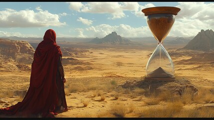 Monk in a red robe standing in the vast desert with a giant hourglass in the background new beautiful stock image illustration AI