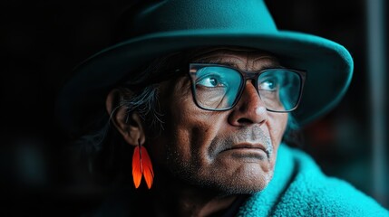 A detailed image of a person with a hat and distinctive glowing red earrings, showcasing a blend of traditional attire and modern accessorizing with a dramatic flair.