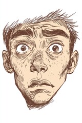 Poster - A surprised young man's face with wide eyes and an anxious expression.