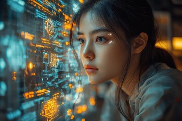 focused female programmer engaged in coding utilizing advanced holographic displays of ai algorithms set against a sleek techdriven environment with digital security elements