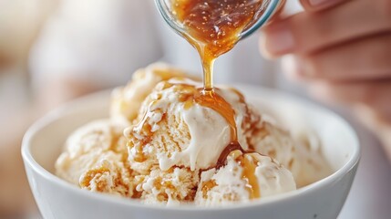 A delectable bowl of ice cream featuring scoops of vanilla topped with a caramel drizzle swirl, creating a visually appealing and appetizing dessert, perfect for food photography.