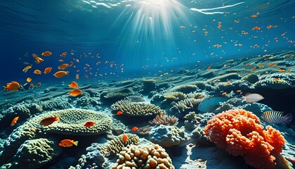 Vibrant underwater coral reef teeming with colorful tropical fish and rich marine life