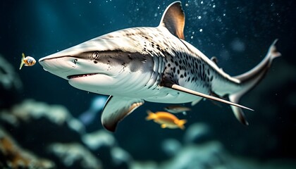 Majestic shark gliding through the depths of an aquarium, captured in stunning close-up with a beautifully blurred background