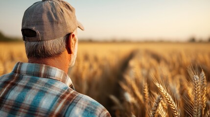 An older man with a hat stands in a wheat field at sunset, captured from behind, showcasing the beautiful golden tones of the field and the serene evening atmosphere.