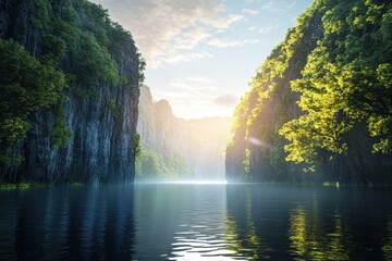 Wall Mural - Serene mountain lake surrounded by lush green forests