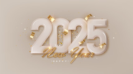 Wall Mural - 2025 happy new year. realistic gold lettering new year on pastel number 2025