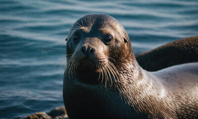 Wall Mural - a seal looks directly at the camera while resting on a rock near the water