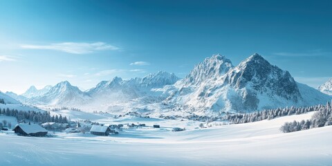 Poster - Stunning winter landscape with snowy mountains and village