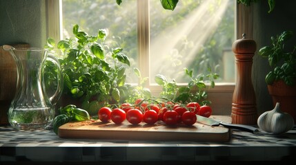 Fresh herbs and tomatoes on a kitchen windowsill