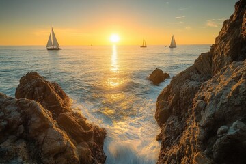 Canvas Print - Serene sunset over the ocean with sailboats