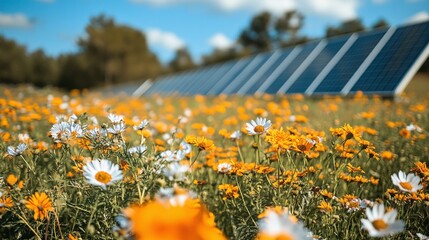 Wall Mural - eco-friendly agriculture with a field of flowers and a solar panel in the background, emphasizing the role of renewable energy in creating a sustainable and green future