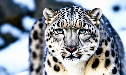 Wall Mural - a snow leopard stares intensely into the camera with piercing blue eyes