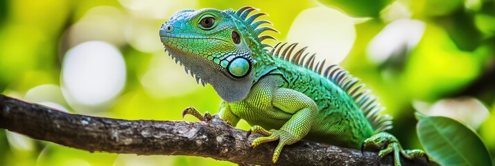 vibrant green iguana perched on tree branch