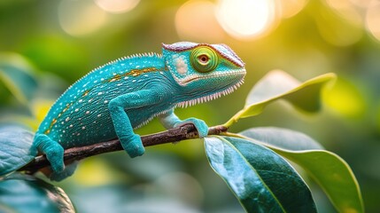 Wall Mural - tropical forest scene with a green chameleon perched on a branch in daylight, showing its unique cam