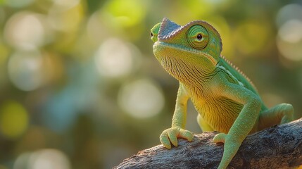 Wall Mural - tropical forest scene with a green chameleon perched on a branch in daylight, showing its unique cam