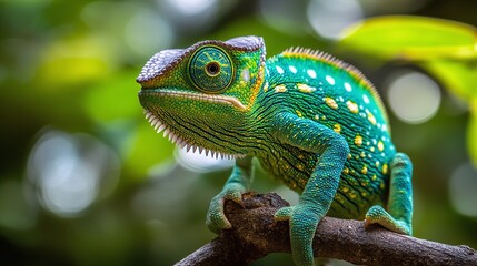 Wall Mural - tropical forest scene with a green chameleon perched on a branch in daylight, showing its unique cam