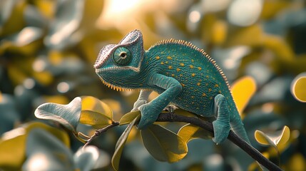 Wall Mural - tropical forest scene with a green chameleon perched on a branch in daylight, showing its unique cam