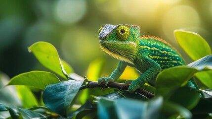 Wall Mural - tropical forest scene with a green chameleon perched on a branch in daylight, showing its unique cam