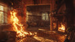 © Domingo - Interior of burning home. Flames engulf wooden walls and furniture. Sunlight streams through smoke filled windows. Intimate portrayal of fire's destructive power within domestic space