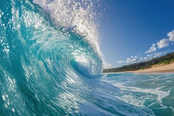 Majestic ocean wave crashing on tropical beach