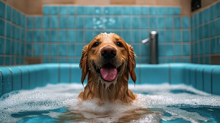 happy dog enjoying bath time in tiled bathroom