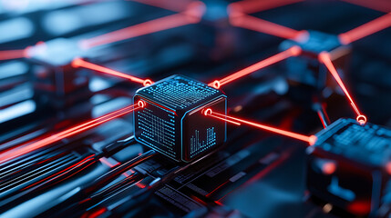 Digital nodes connected by glowing red lines create vibrant network, symbolizing advanced technology and connectivity. This image captures essence of modern data communication and innovation