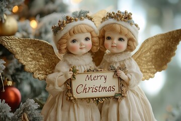 Wall Mural - Merry Christmas greeting card with two angels and christmas tree background