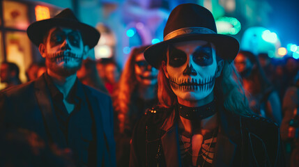 Young people wearing Halloween costumes, dressed for a halloween party. Friends with scary make up and disguise having fun.