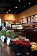 A vibrant caf? interior showcasing fresh ingredients and a welcoming atmosphere.