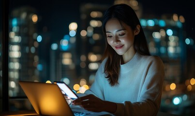 Young happy busy Asian business woman executive using laptop mobile cell phone tech at night in dark office. Professional businesswoman holding smartphone, working on, Generative AI