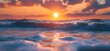© tono boys - Golden sunset over a wavy ocean with foamy water.