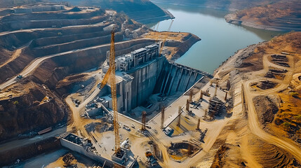 Aerial view of a large-scale dam construction site, with concrete and steel structures taking shape