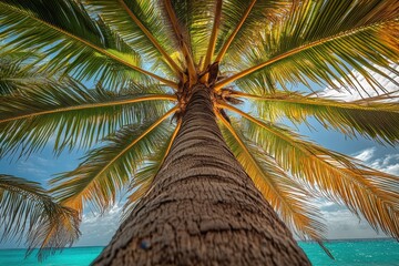 Wall Mural - Tropical palm tree overlooking turquoise ocean