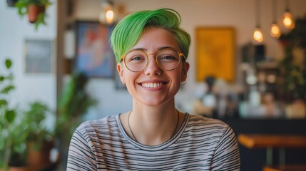 NonBinary Individual with Short Bright Green Hair Smiling in a Cozy Cafe with Plants and Warm Lighting