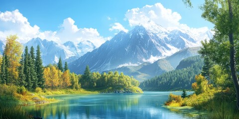 Wall Mural - Serene mountain lake landscape with autumn foliage