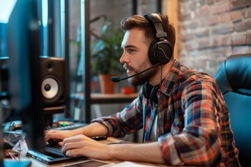 Focused gamer in plaid shirt and headset