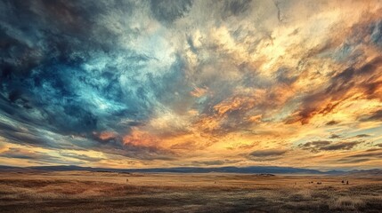 Wall Mural - Stunning Sunset Over Expansive Grassland with Dramatic Sky and Colorful Clouds