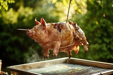 Roasted whole pig on grill with green foliage background