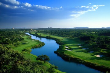 Canvas Print - Scenic golf course landscape with river and mountains