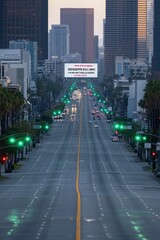 Poster - A quiet urban street with green traffic lights and a billboard in the background.