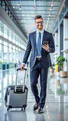 Businessman with trolley and smartphone at airport