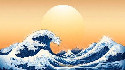 A large wave crashes against the shore, with the sun setting behind it. The scene is reminiscent of a famous Japanese woodblock print.