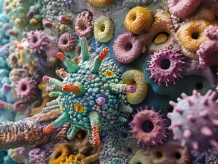 Wall Mural - microscopic view of a colorful virus cell
