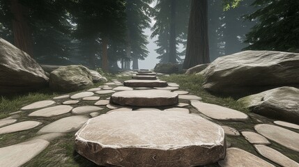 Wall Mural - a stone path winds through a misty forest, leading towards a line of tall trees. the path is lined w
