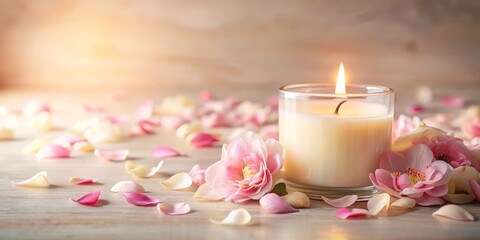 Candle with flame surrounded by pink petals on a wooden table with copy space