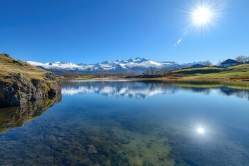 Canvas Print - Serene mountain lake with snow-capped peaks reflecting in the calm waters